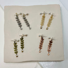 Load image into Gallery viewer, Post Earrings with a chevron chain dangle off the back of the earrings. 
